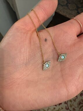 Gold Opal moonstone threader Chain Earrings with Pavé Crystals and eye motif